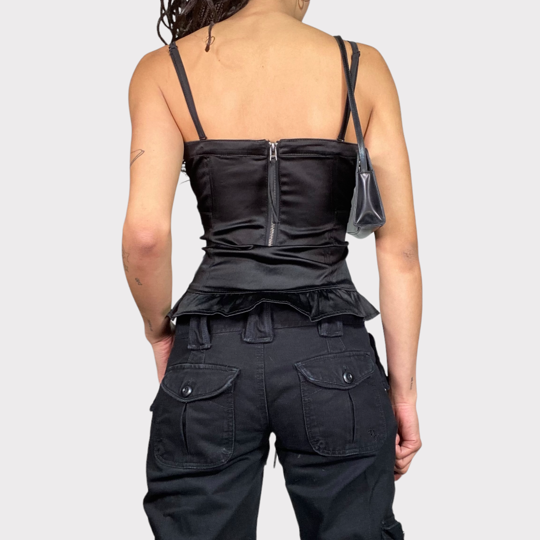 Vintage 90's Romantic Black Satin Corset Top with Lace Up Detail (S/M)