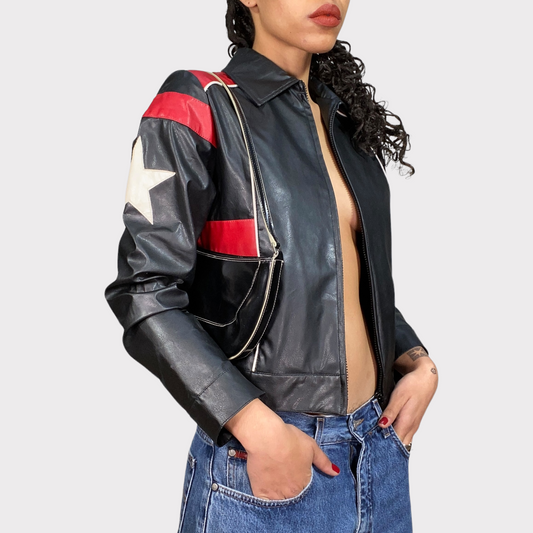 Vintage 90's Bella Hadid Black/Red  Faux Leather Star Racer Jacket (S)