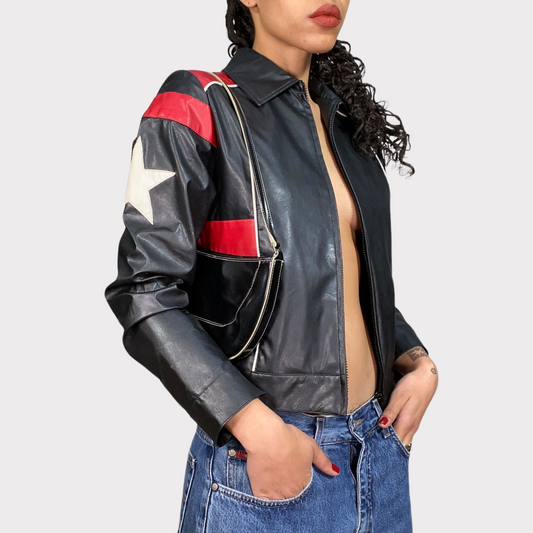 Vintage 90's Bella Hadid Black/Red Faux Leather Star Racer Jacket (S)