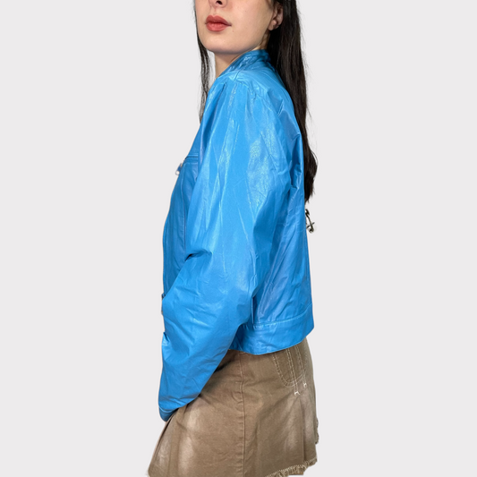 Vintage 90's Bella Hadid Aqua Blue Faux Leather Racer Jacket (S)