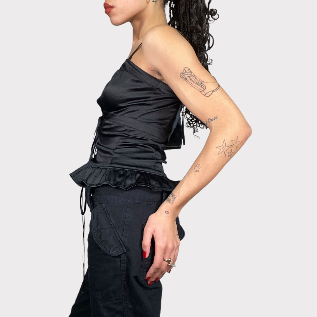 Vintage 90's Romantic Black Satin Corset Top with Lace Up Detail (S/M)