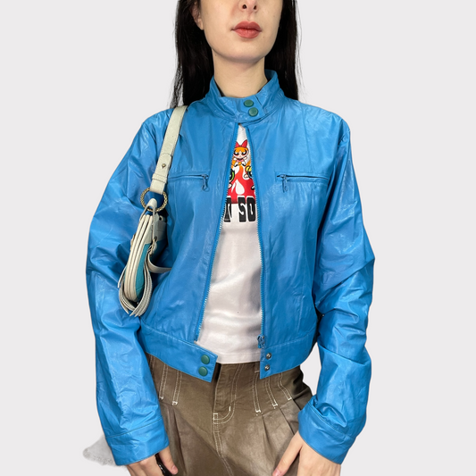 Vintage 90's Bella Hadid Aqua Blue Faux Leather Racer Jacket (S)