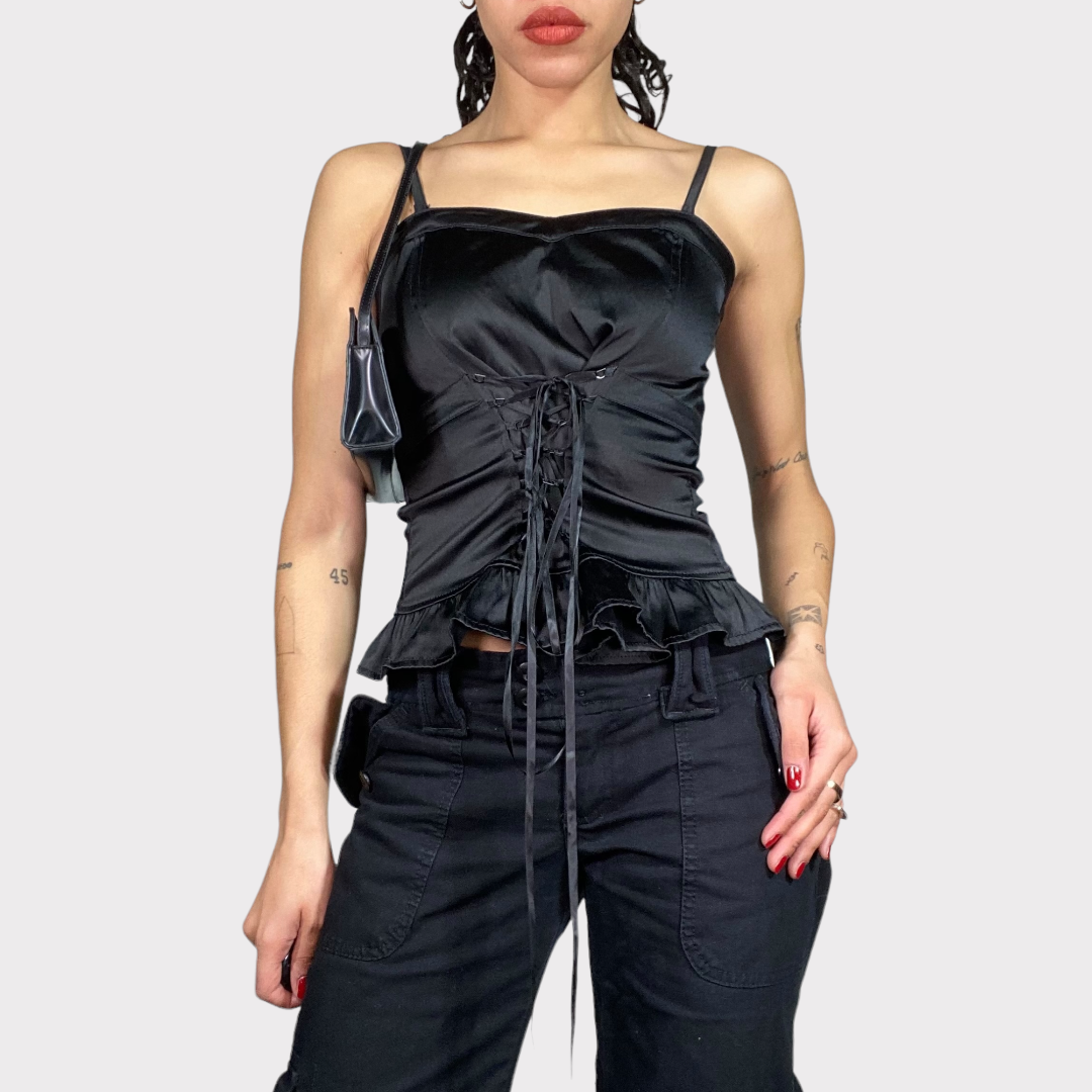 Vintage 90's Romantic Black Satin Corset Top with Lace Up Detail (S/M)