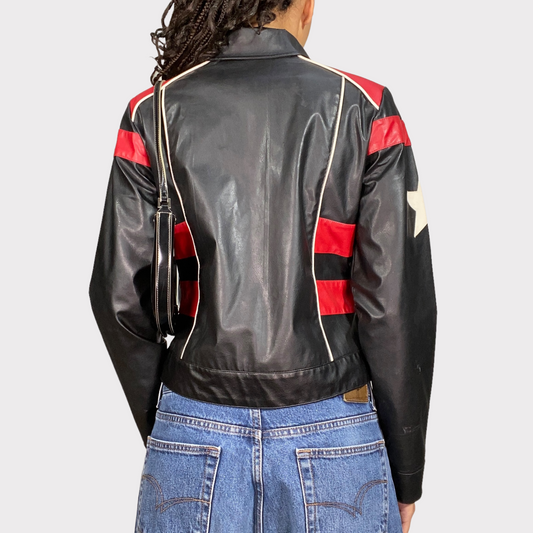 Vintage 90's Bella Hadid Black/Red  Faux Leather Star Racer Jacket (S)