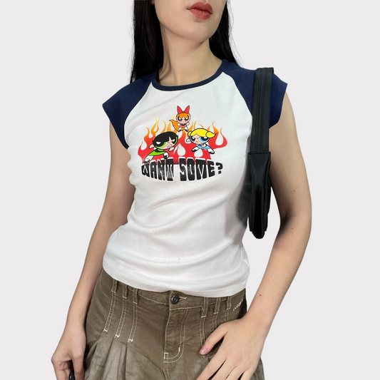 Vintage 2000's Powerpuff Girls Black Shirt with 'Want Some?' Print (S)