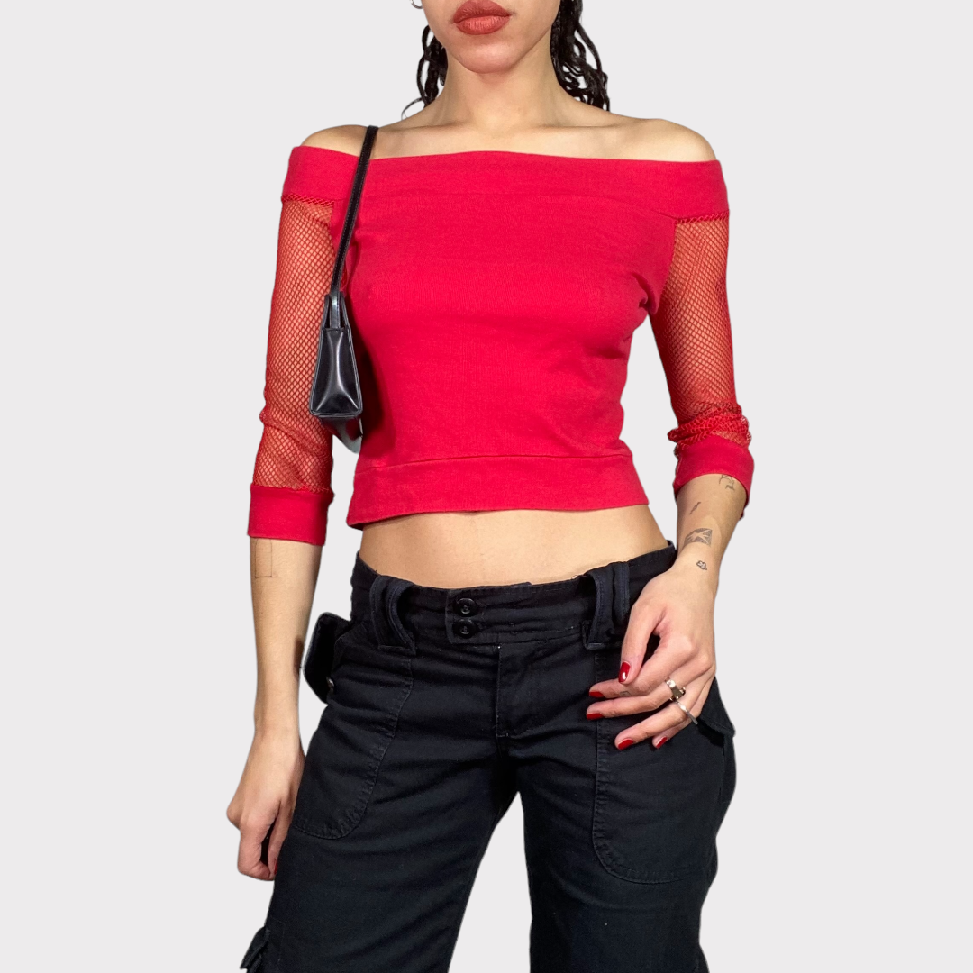 Vintage 90's Grunge Red Off Shoulder Top with Net Sleeves (S)