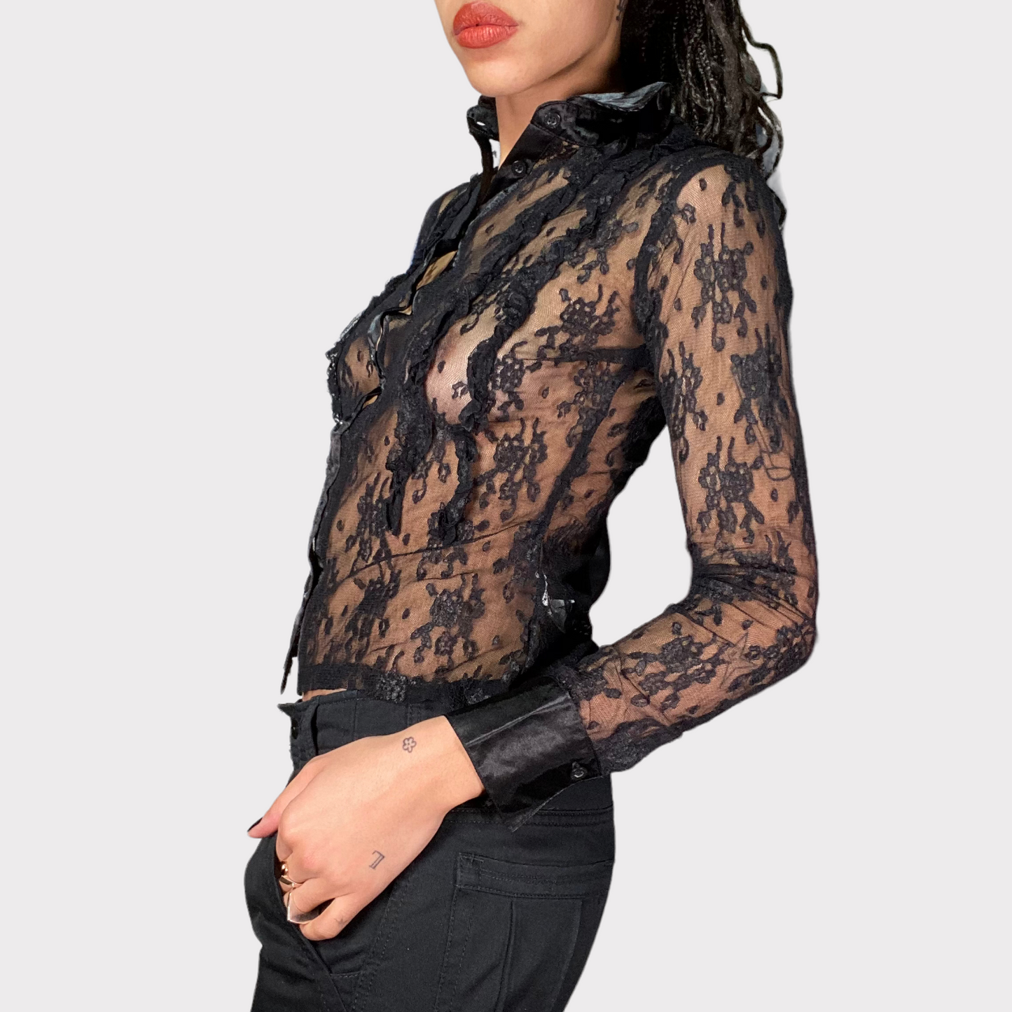 Vintage 2000's Grunge Black Lace Button Up Blouse (S)