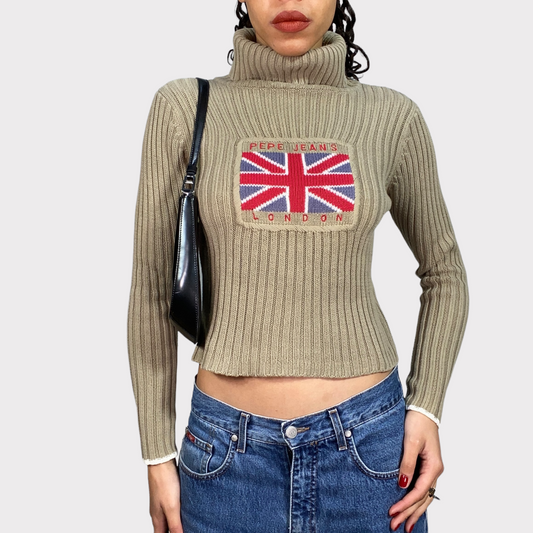 Vintage 90's Pepe Jeans Beige Knit Turtleneck with UK Flag Print (S)