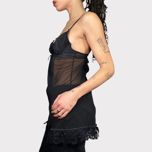 Vintage 90's Romantic Black Satin and Mesh Slip Dress (S/M)
