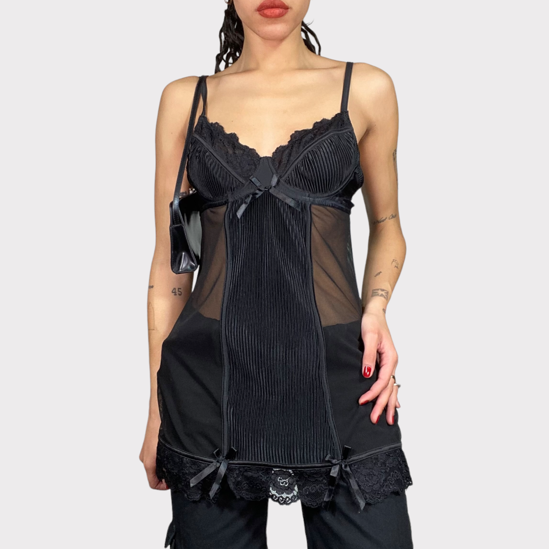 Vintage 90's Romantic Black Satin and Mesh Slip Dress (S/M)