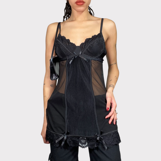 Vintage 90's Romantic Black Satin and Mesh Slip Dress (S/M)