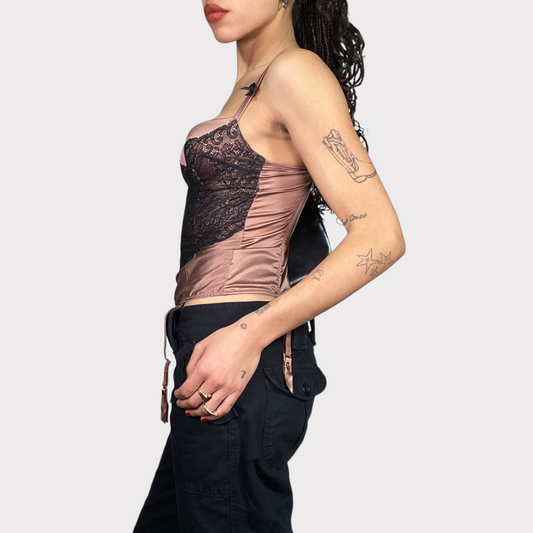 Vintage 90's Romantic Taupe Corset Top with Black Lace (S)
