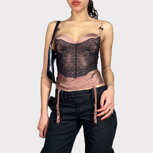 Vintage 90's Romantic Taupe Corset Top with Black Lace (S)
