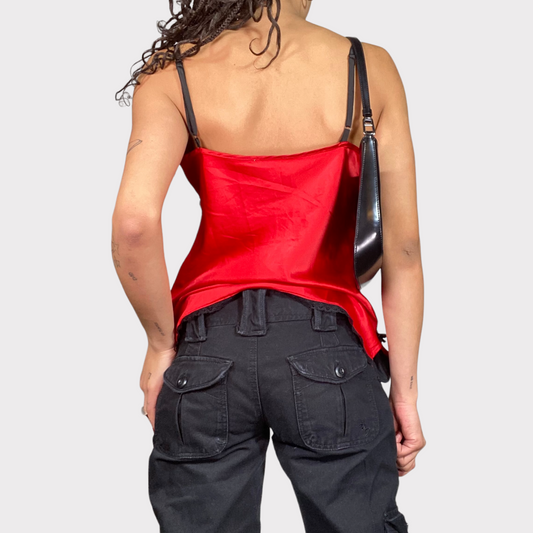 Vintage 90's Romantic Red Satin Cami Top with Black Lace Details (M)