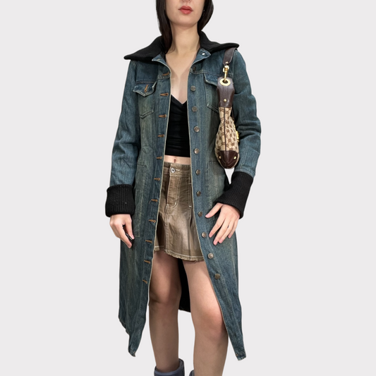 Vintage 90's Winter Denim Maxi Coat with Knit Details (S/M)