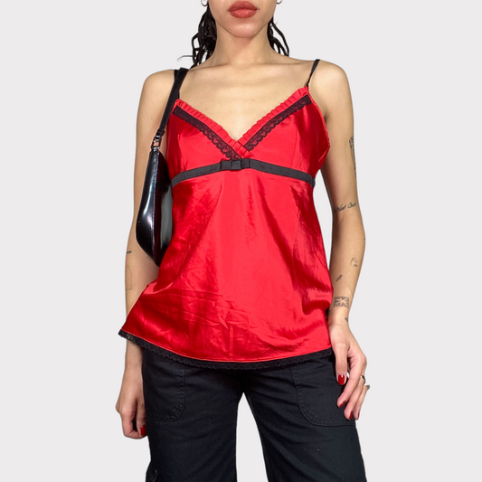 Vintage 90's Romantic Red Satin Cami Top with Black Lace Details (M)