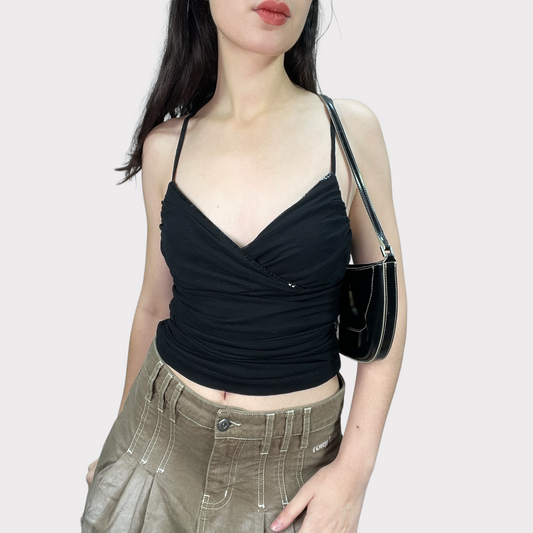 Vintage 2000's Clubwear Black V-Neck Scrunch Top with Sequin Detail (S)