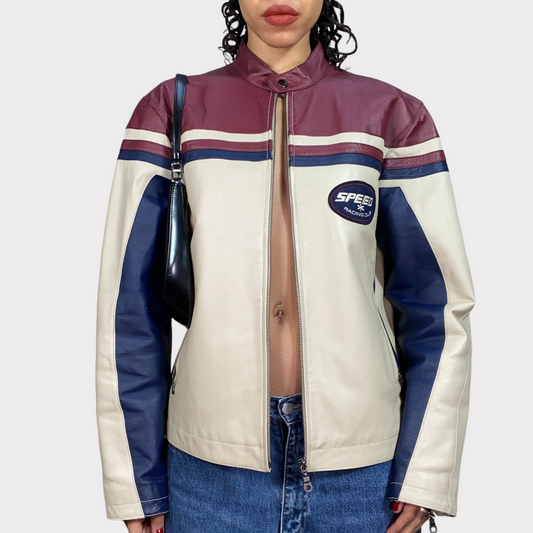 Vintage 90's Bella Hadid White/Red/Blue Leather Racer Jacket (S/M)