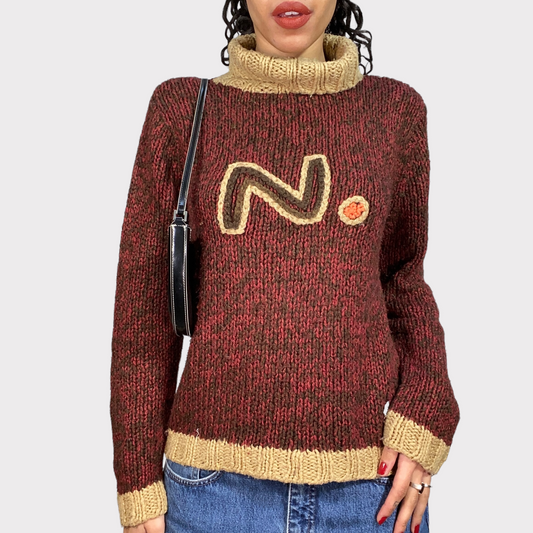 Vintage 90's Gilmore Girls Brown Knit Sweater with 'N' Print (S/M)