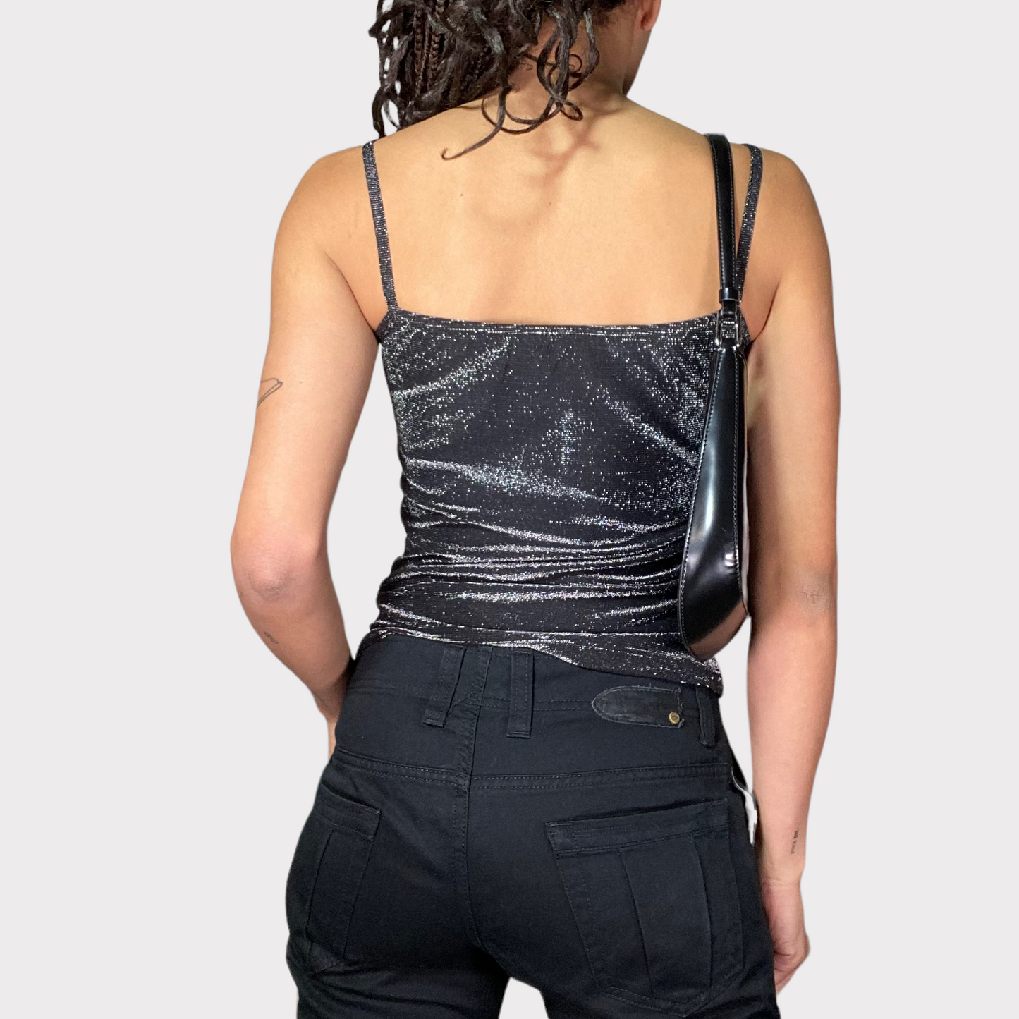 Vintage 2000's Clubwear Black and Silver Glittery Waterfall Neckline Top (S)