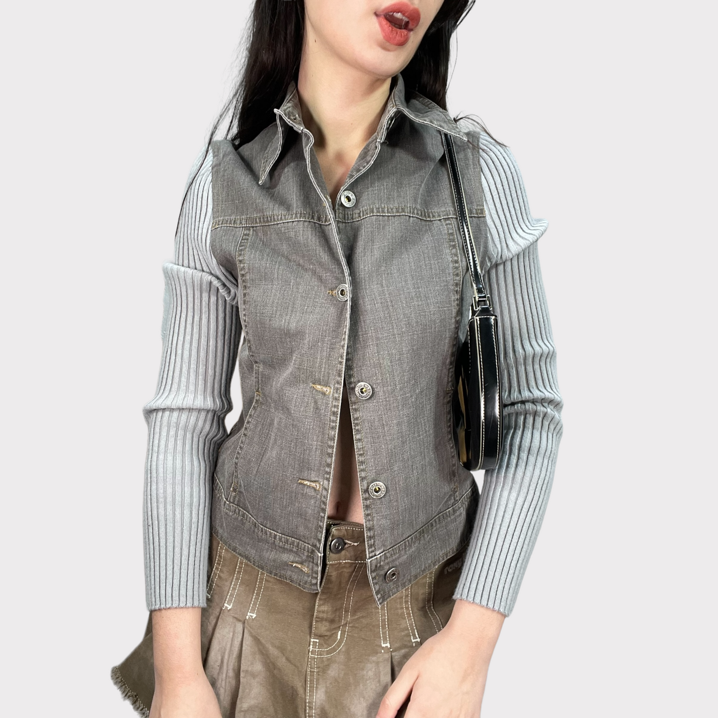 Vintage 90's Gilmore Girls Grey Denim Jacket with Knit Sleeves (S)