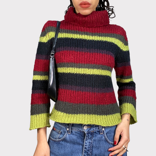 Vintage 90's Gilmore Girls Dark Red and Green Striped Knit Sweater (S)