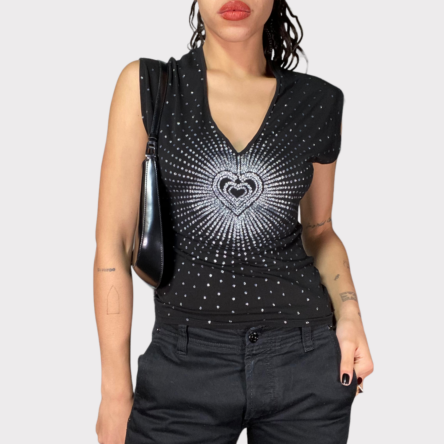 Vintage 2000's Black Shirt with Glitter Heart Diamond Print (S)