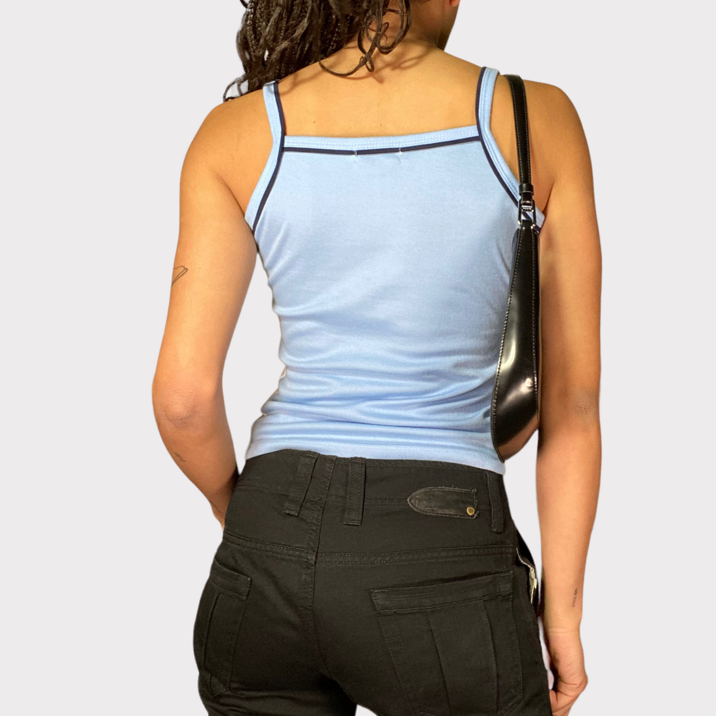 Vintage 90's Sporty Baby Blue Top with 'Love Vogue Dress' Print (S)