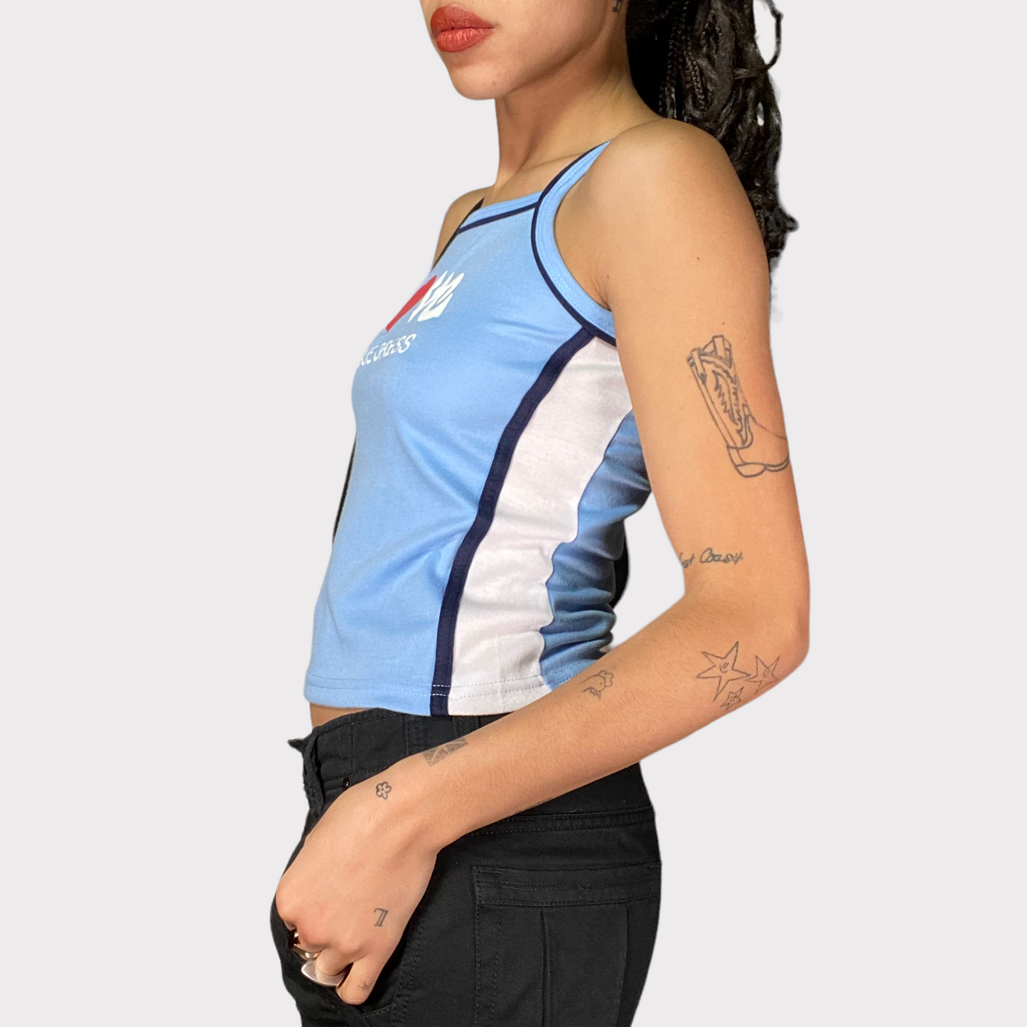 Vintage 90's Sporty Baby Blue Top with 'Love Vogue Dress' Print (S)