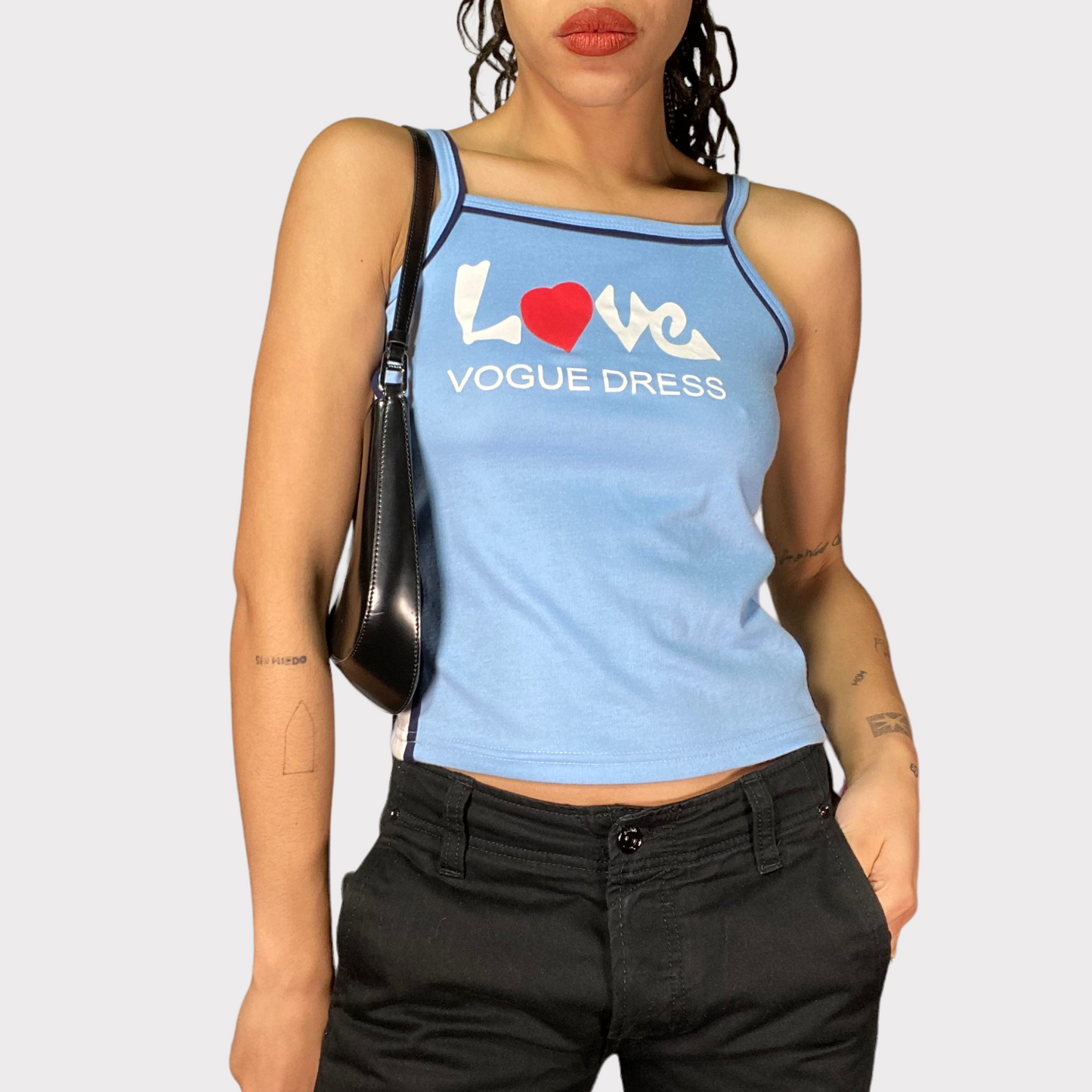 Vintage 90's Sporty Baby Blue Top with 'Love Vogue Dress' Print (S)
