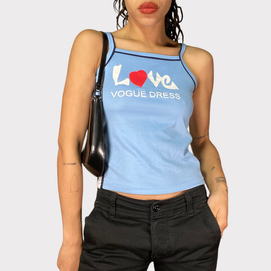 Vintage 90's Sporty Baby Blue Top with 'Love Vogue Dress' Print (S)