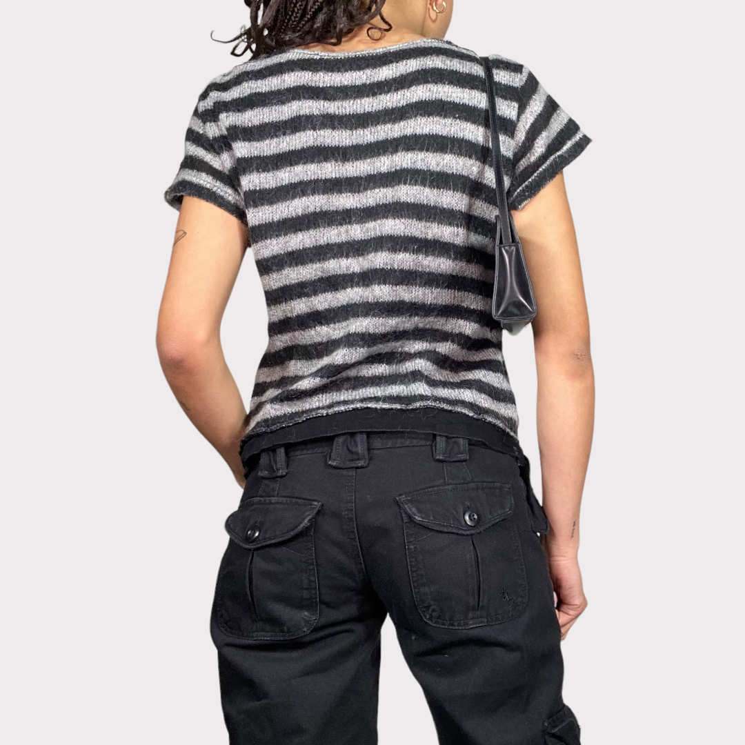Vintage 90's Whimsigoth Black and Grey Knit Shirt with Mesh Details (M)