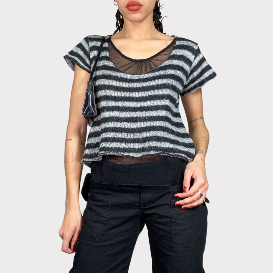 Vintage 90's Whimsigoth Black and Grey Knit Shirt with Mesh Details (M)