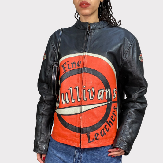 Vintage 90's Rare Bella Hadid Oversized Black and Orange Leather Racer Jacket (S/M)