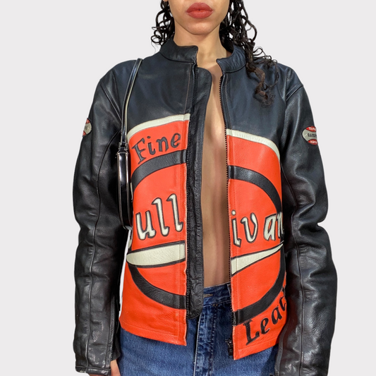 Vintage 90's Rare Bella Hadid Oversized Black and Orange Leather Racer Jacket (S/M)