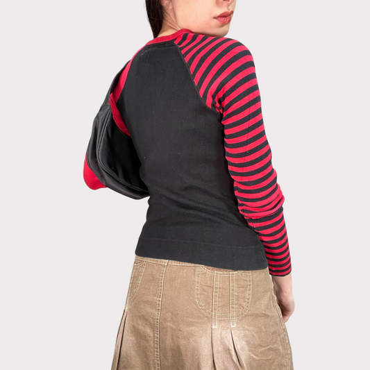 Vintage 90's Punky Black and Red Longsleeve Top with Kitten Embroidery (S)