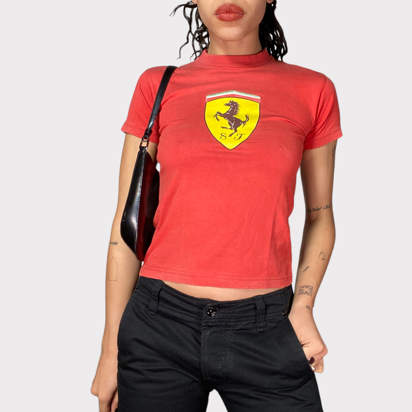 Vintage 90's Ferrari Red Baby Tee with Logo Print (S)