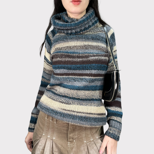 Vintage 90's Gilmore Girls Grey Striped Turtle Neck Knit Sweater (S/M)