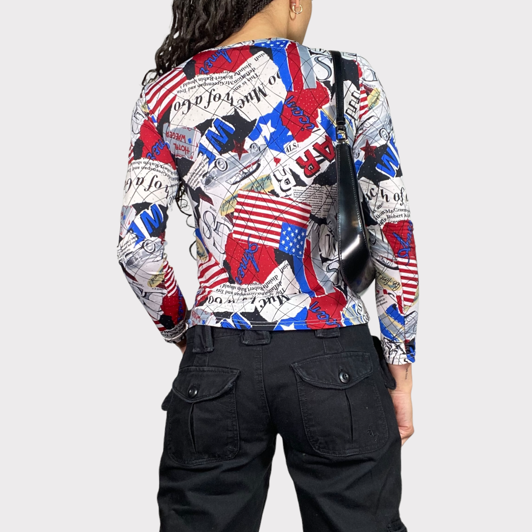 Vintage 2000's Longsleeve Top with Newspaper and US Flag Print (S)