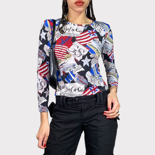 Vintage 2000's Longsleeve Top with Newspaper and US Flag Print (S)