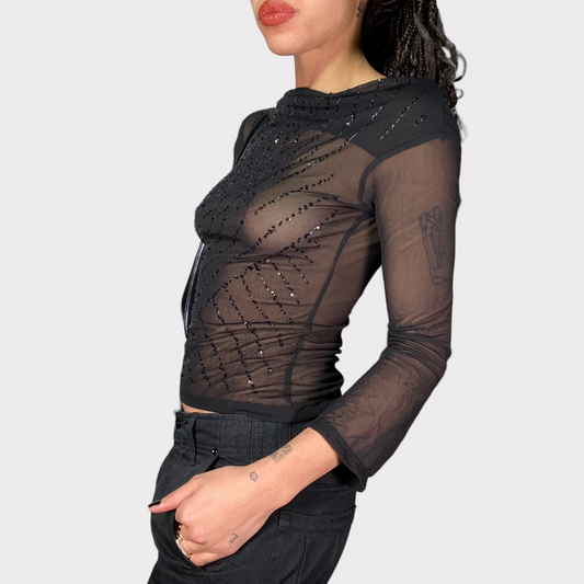 Vintage 90's Clubwear Black Mesh Longsleeve with Glitter Print