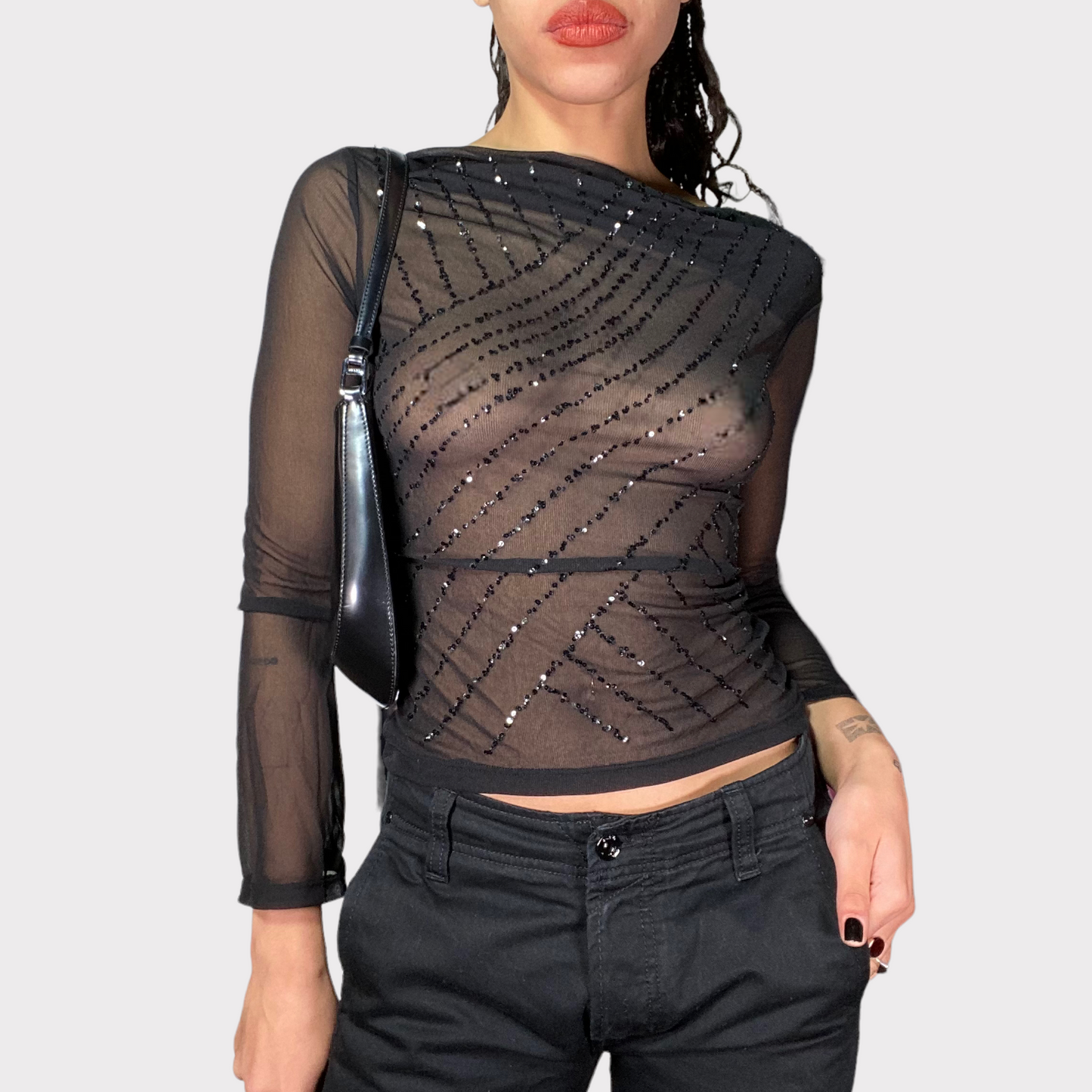 Vintage 90's Clubwear Black Mesh Longsleeve with Glitter Print