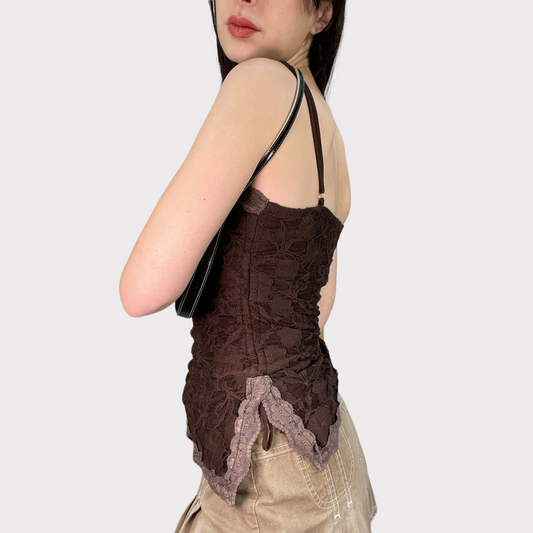 Vintage 90's Fairy Grunge Brown Lace Asymmetrical Cami (M)