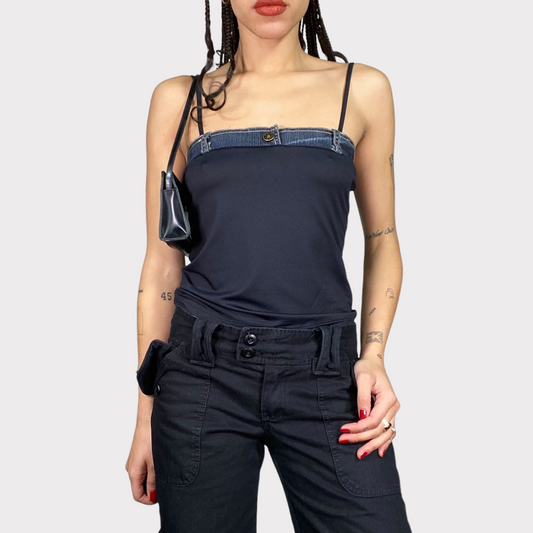 Vintage 2000's Rock Black Top with Denim Trim (S)