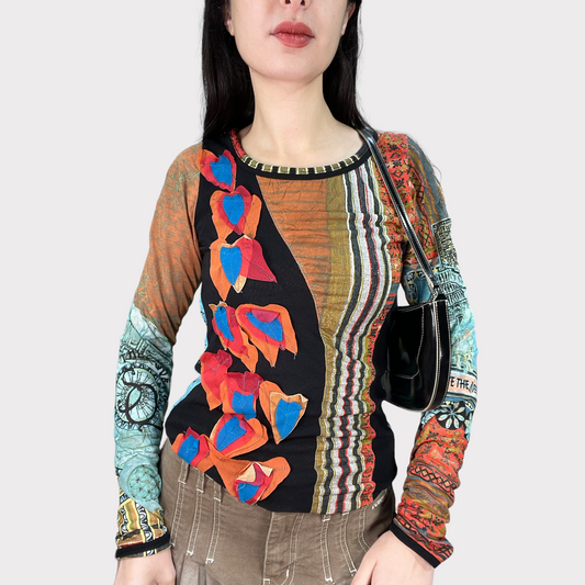 Vintage 90's Save the Queen Patchwork Longsleeve Top with Heart Details (M)