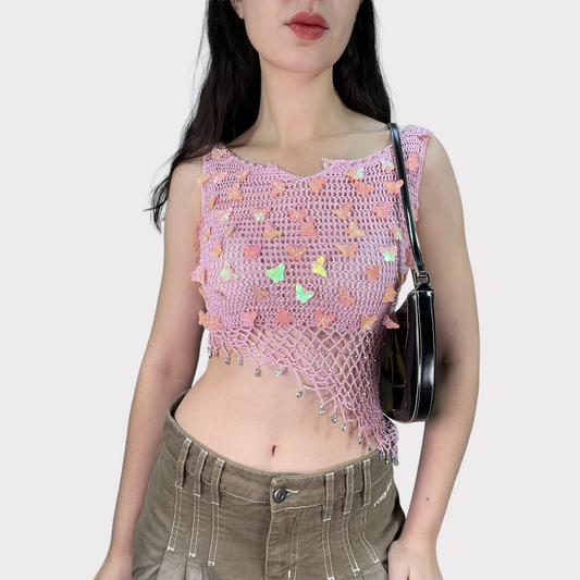 Vintage 00's Fairy Pink Crochet Top With Butterfly Pendants (XS/S)