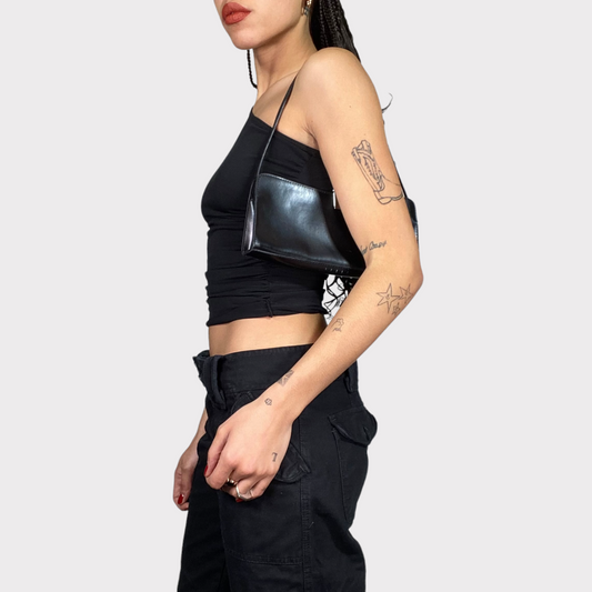 Vintage 2000's Night Out Black One Shoulder Top with Buckel Detail (S)