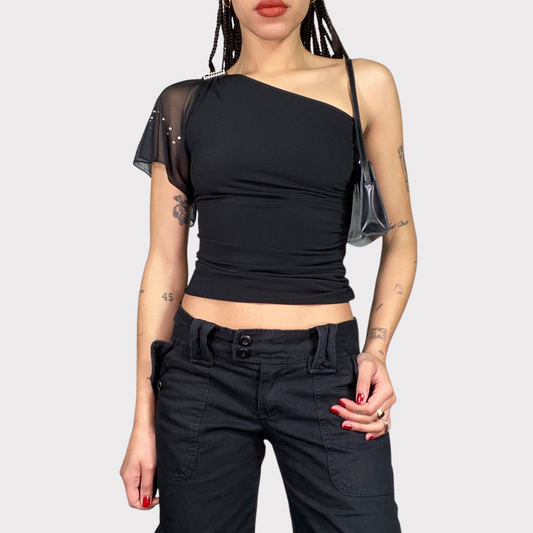 Vintage 2000's Night Out Black One Shoulder Top with Buckel Detail (S)