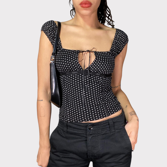 Vintage 90's Pin Up Girl Black Polkadot Shirt (S)