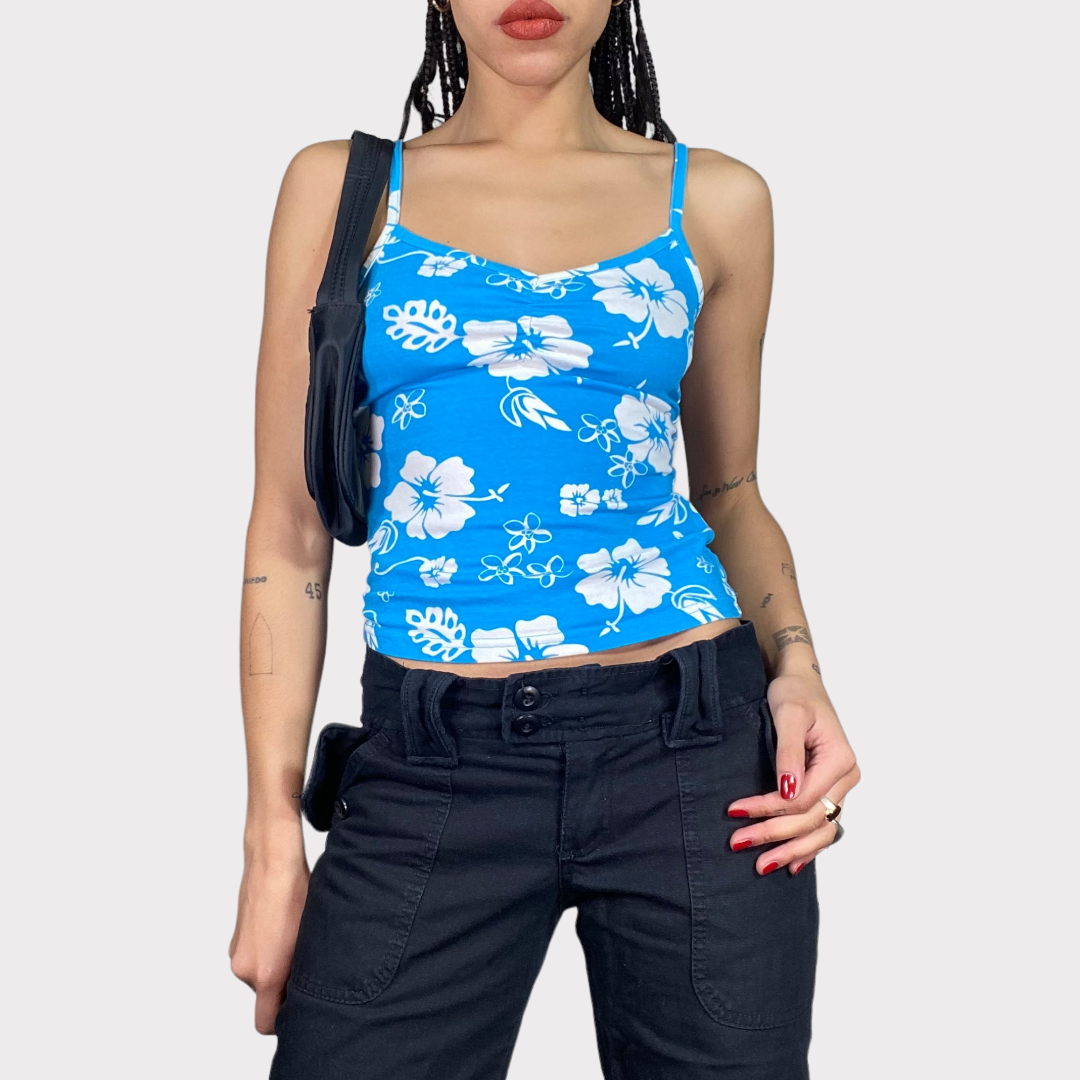 Vintage 90's Blue Hibiscus Flower Print Top (S)